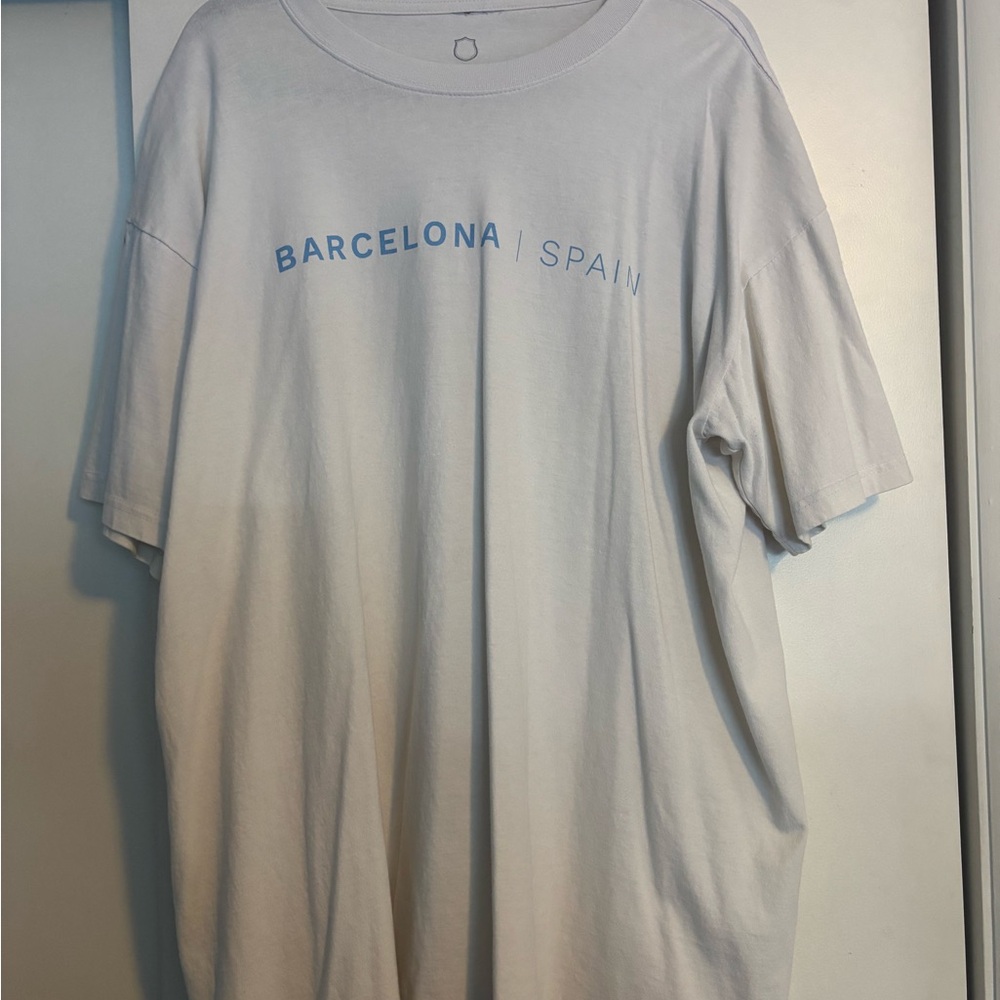 White T-Shirt with Blue Barcelona Spain Print